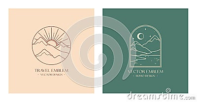 Vector linear boho emblems with snowcapped mountain landscapes Vector Illustration