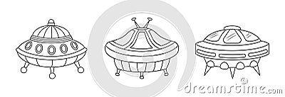 Vector linear cartoon UFO set for coloring page. Isolated outline aliens spaceships Vector Illustration