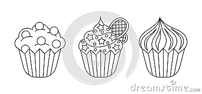 Vector linear cupcake stickers set. Three isolated outline sweet dessert on white Vector Illustration