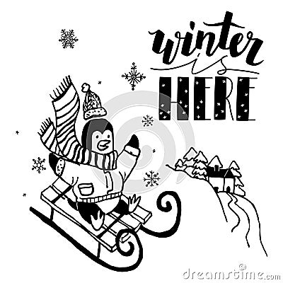 drawn illustration with joyful penguin on sled Vector Illustration
