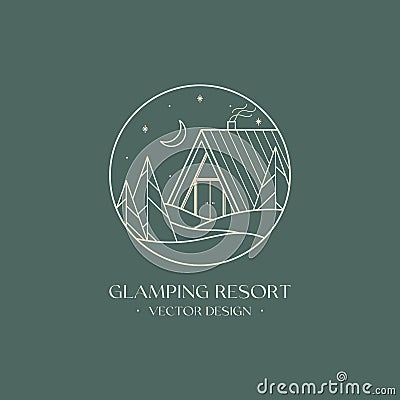 Vector linear glamping emblem with abstract winter forest landscape and house or tent Vector Illustration