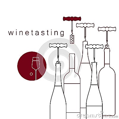 Bottles of wine and a corkscrew with a cork. Vector linear icon of wine tasting. Vector Illustration