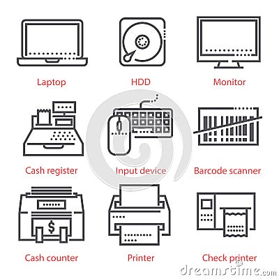 Vector linear icons set. Electronic devices, computers, business Vector Illustration