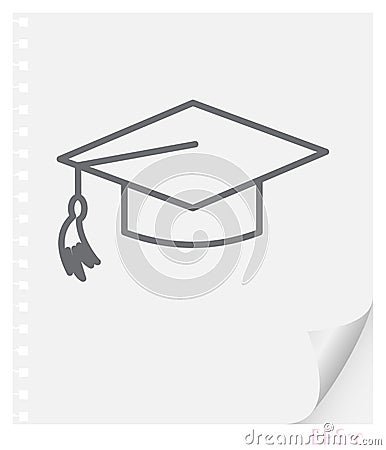 Vector linear illustration of a graduate schoolbag with a tassel on a sheet of paper with a curved corner and holes from springs, Cartoon Illustration