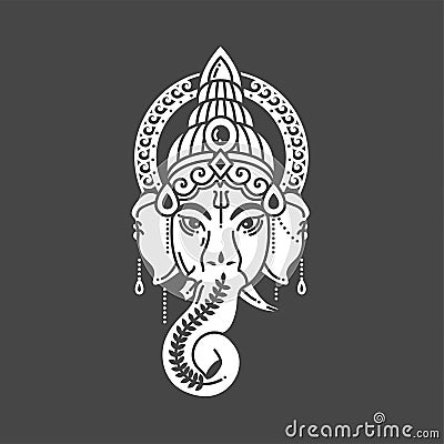 Vector linear illustration of indian god religion symbol elephant Ganesh on grey background Cartoon Illustration