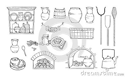 Vector linear illustrations - old style kitchen. Authentic oven, stove interior, samovar, tong, vintage pots, earthenware, Vector Illustration