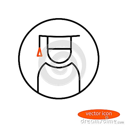 Vector linear image of a graduate of an educational institution in the master`s cap, flat line icon Stock Photo