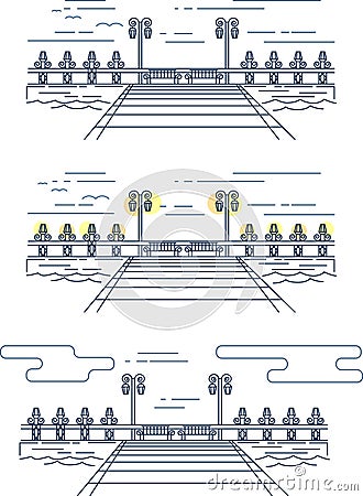 Vector linear image of the pier on the water Vector Illustration