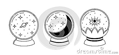 Vector linear magic glass balls for fortunetelling. Isolated outline esoteric equipment set Vector Illustration