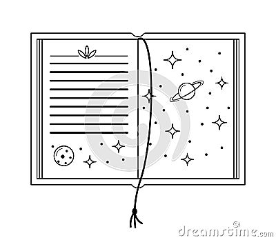 Vector linear opened book with outter space illustration. Isolated outline textbook of astrology on white Vector Illustration