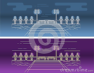 Vector linear picture of the pier on the water, with the lighting elements Vector Illustration