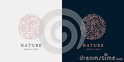Vector linear plant logo. Circle luxury organic emblem. Abstract badge for natural products, flower shop, cosmetics Vector Illustration