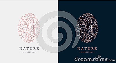 Vector linear plant logo. Ellipse luxury organic emblem. Abstract badge for natural products, flower shop, cosmetics Vector Illustration