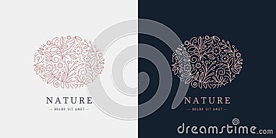 Vector linear plant logo. Ellipse luxury organic emblem. Abstract badge for natural products, flower shop, cosmetics Vector Illustration