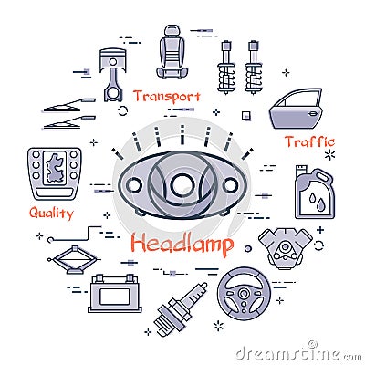 Vector linear round banner of head lamp - car part Vector Illustration