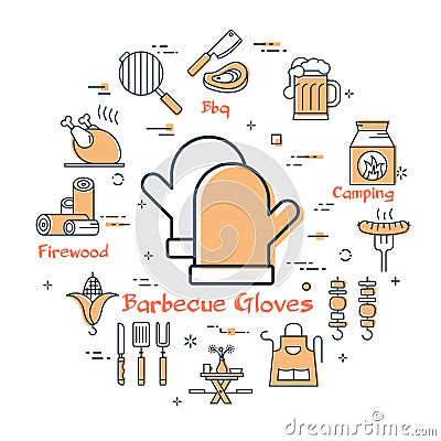 Vector linear round concept GRILL. Barbeque gloves Vector Illustration