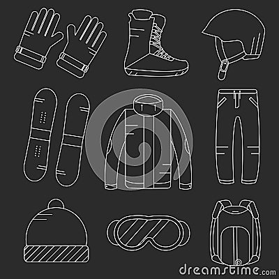 Vector linear snowboard equipment icons set. Vector Illustration