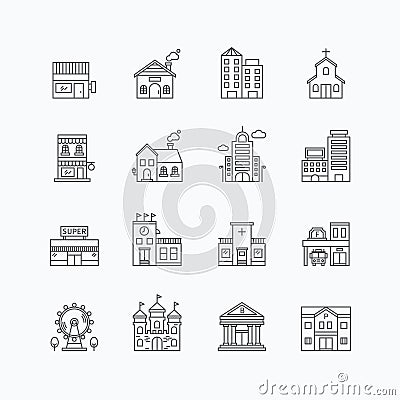 Vector linear web icons set - buildings collection of flat line Vector Illustration