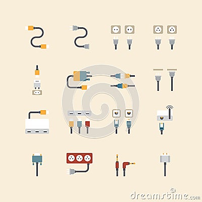 Vector linear web icons set - cable wire computer Vector Illustration