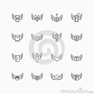 Vector linear web icons set - wing concept collection of flat li Vector Illustration