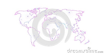 Vector Linear World Map with location radial marker, editable stroke. vector illustration isolated on white background Cartoon Illustration