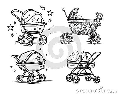 Vector Lineart, Set of Baby Stroller Vector Illustration