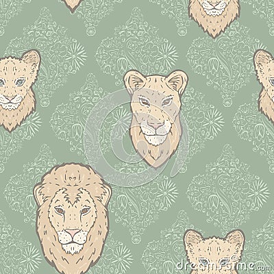 Vector Lion Family on Sage Green Flowerly Tiles seamless pattern background. Perfect for fabric, scrapbooking and Vector Illustration