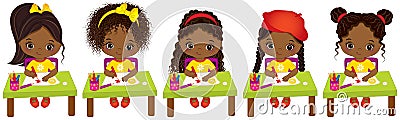 Vector cute Little African American Artists Drawing. Vector Little African American Girls Vector Illustration