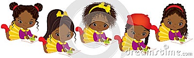 Vector cute Little African American Artists Painting. Vector Little African American Girls Vector Illustration