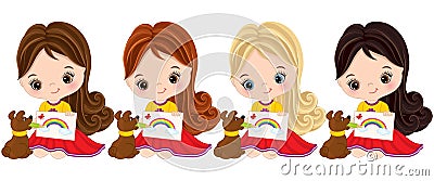 Vector Little Girls Draw. Vector Little Artists Vector Illustration