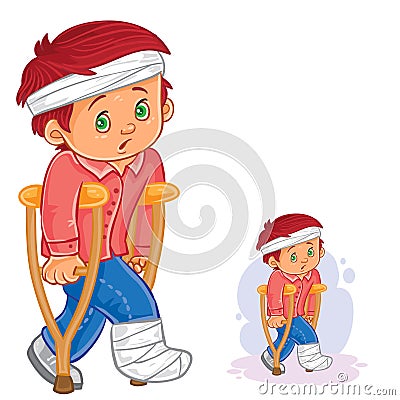 Vector little boy on a crutch with a leg in a plaster and bandaged head Vector Illustration