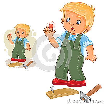 Vector little boy hammering a nail and bruised finger Vector Illustration