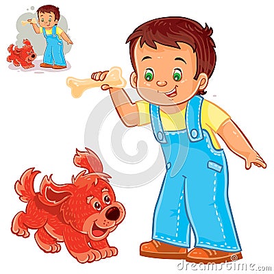 Vector little boy holding a bone in his hand and playing with his puppy. Vector Illustration