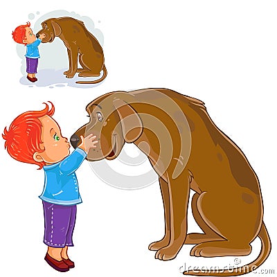 Vector little boy hugging head and kissing nose his dog s Vector Illustration