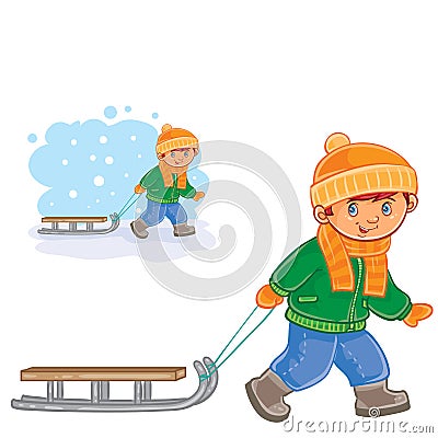 Vector little boy pulling a sledge behind him Vector Illustration