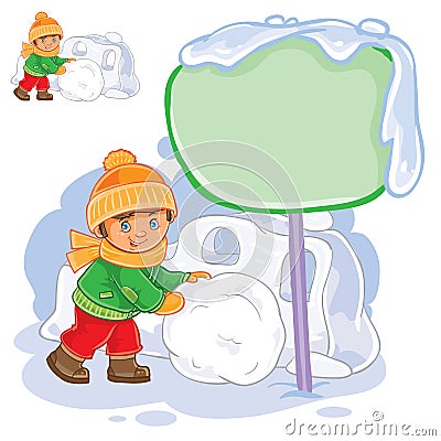 Vector little boy rolling a snowball and building a snow fortress Vector Illustration