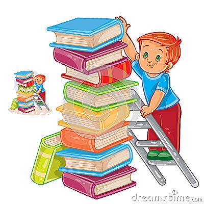 Vector little boy is standing on the ladder and stacking books with a pile. Vector Illustration