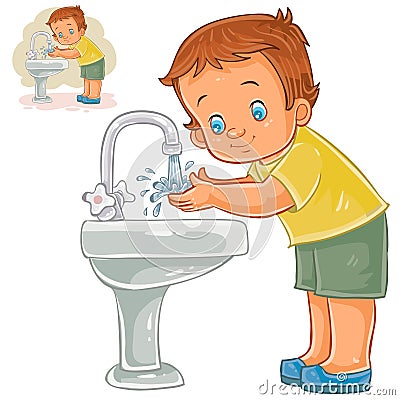 Vector little boy washes his hands with water from a tap Vector Illustration