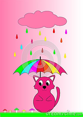 Vector The little cat is sad in the rain with a rainbow umbrella Vector Illustration