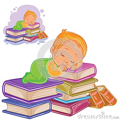 Vector little child in sliders playing with a pile of books and falling asleep on them. Vector Illustration