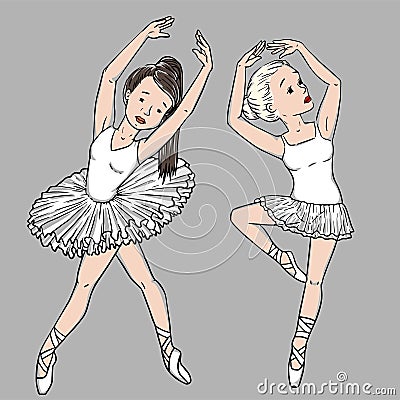 Vector little cute ballerina in graceful poses, ballet dancer. print for clothes and cards Vector Illustration