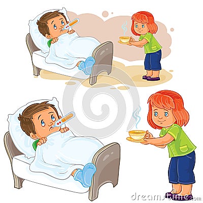 Vector little girl brought a hot drink to a little sick boy lying in bed. Vector Illustration