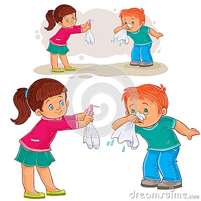 Vector little girl giving a handkerchief to a boy sick with snot, allergy Vector Illustration