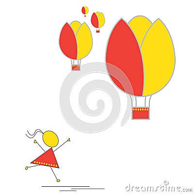 Vector - Little girl and hot air balloons Cartoon Illustration