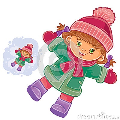 Vector little girl lying on the snow and making a snow angel. Vector Illustration