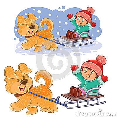 Vector little girl sitting in a sleigh who is dragging her dog. Vector Illustration