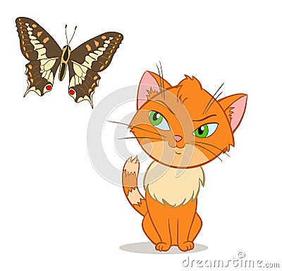 Vector little kitten with beauty butterfly Vector Illustration