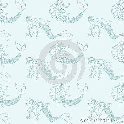 Vector little mermaids contours seamless pattern. Fantasy sirens Vector Illustration