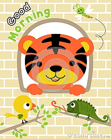 Vector of little tiger cartoon in the window with bird, dragonfly and chameleon on tree branches Vector Illustration