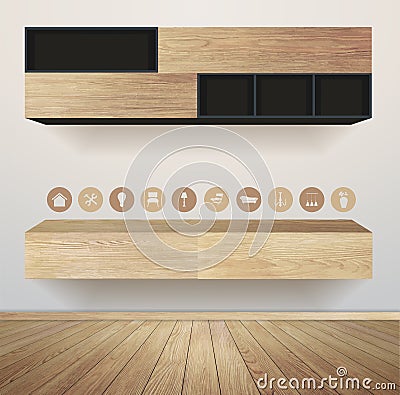Vector living room interior with furniture flat icons Vector Illustration